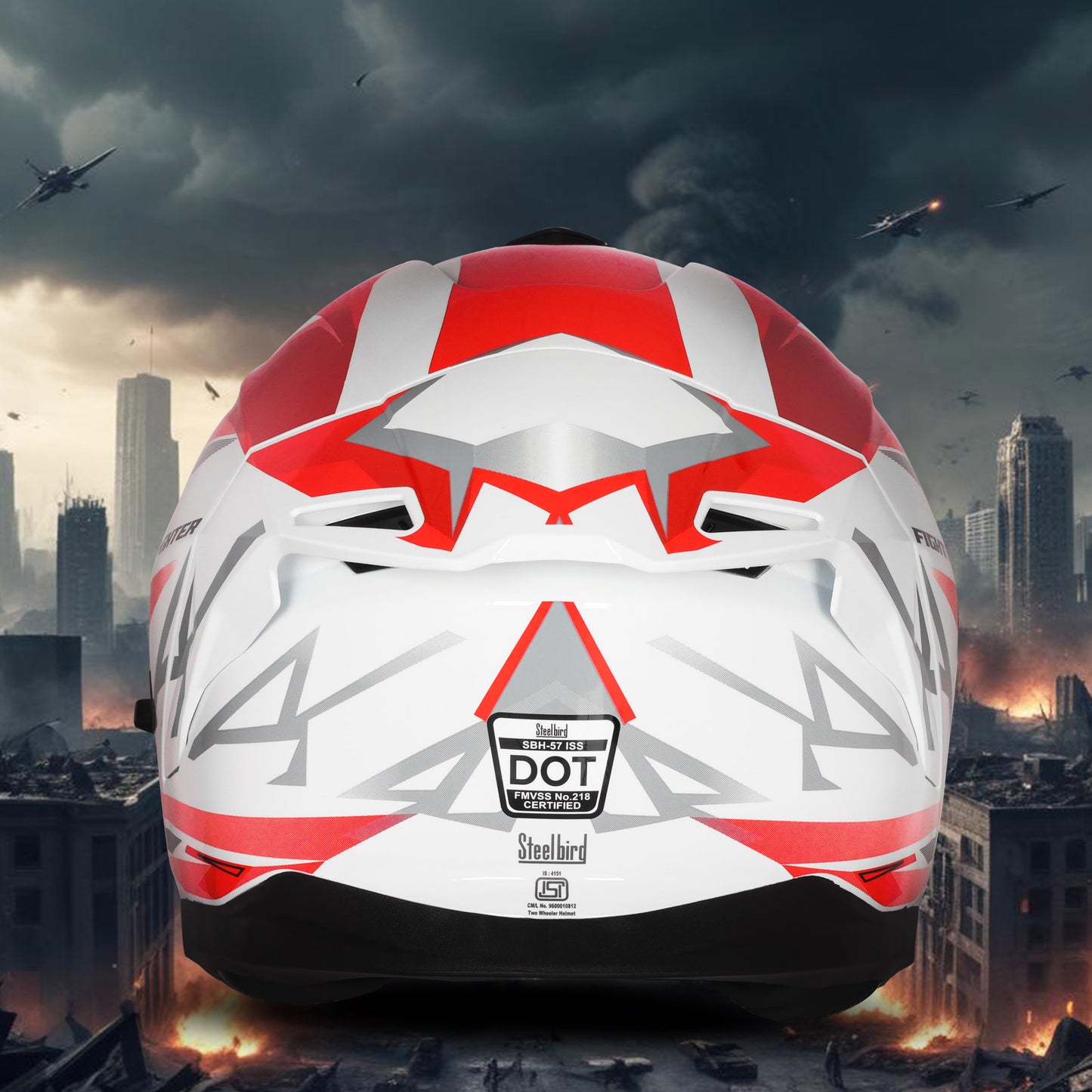 Steelbird SBH-57 Fighter F4 ISI and DOT Certified Full Face Helmet for Men and Women with Inner Silver Sun Shield (Glossy White Red)