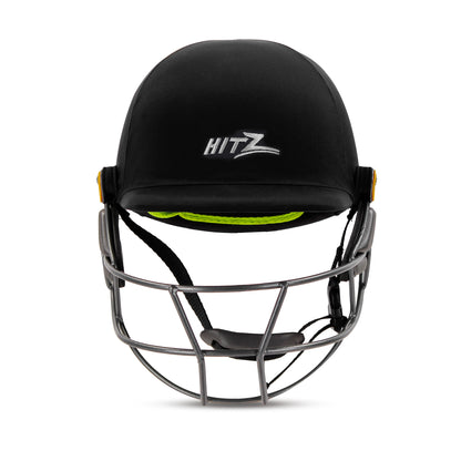 Steelbird Hitz Mild Steel Premium Cricket Helmet for Men & Boys (Fixed Spring Steel Grill | Light Weight) (BlackFabric with Green Interior)