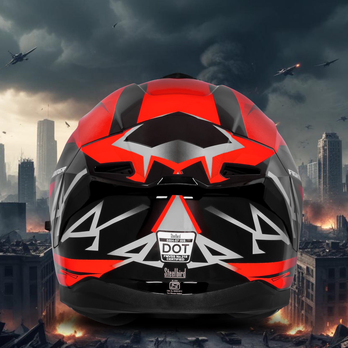 Steelbird SBH-57 Fighter F4 ISI and DOT Certified Full Face Helmet for Men and Women with Inner Silver Sun Shield (Glossy Black Red)