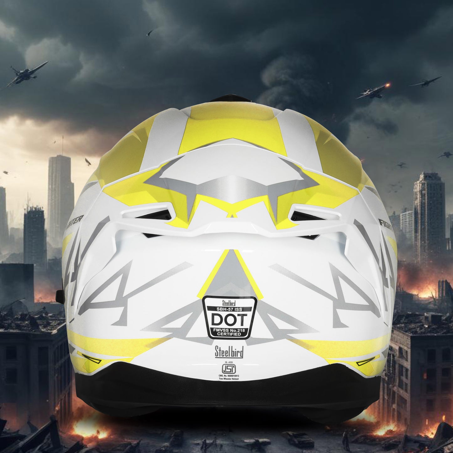 Steelbird SBH-57 Fighter F4 ISI and DOT Certified Full Face Helmet for Men and Women with Inner Silver Sun Shield (Glossy White Fluo Yellow)