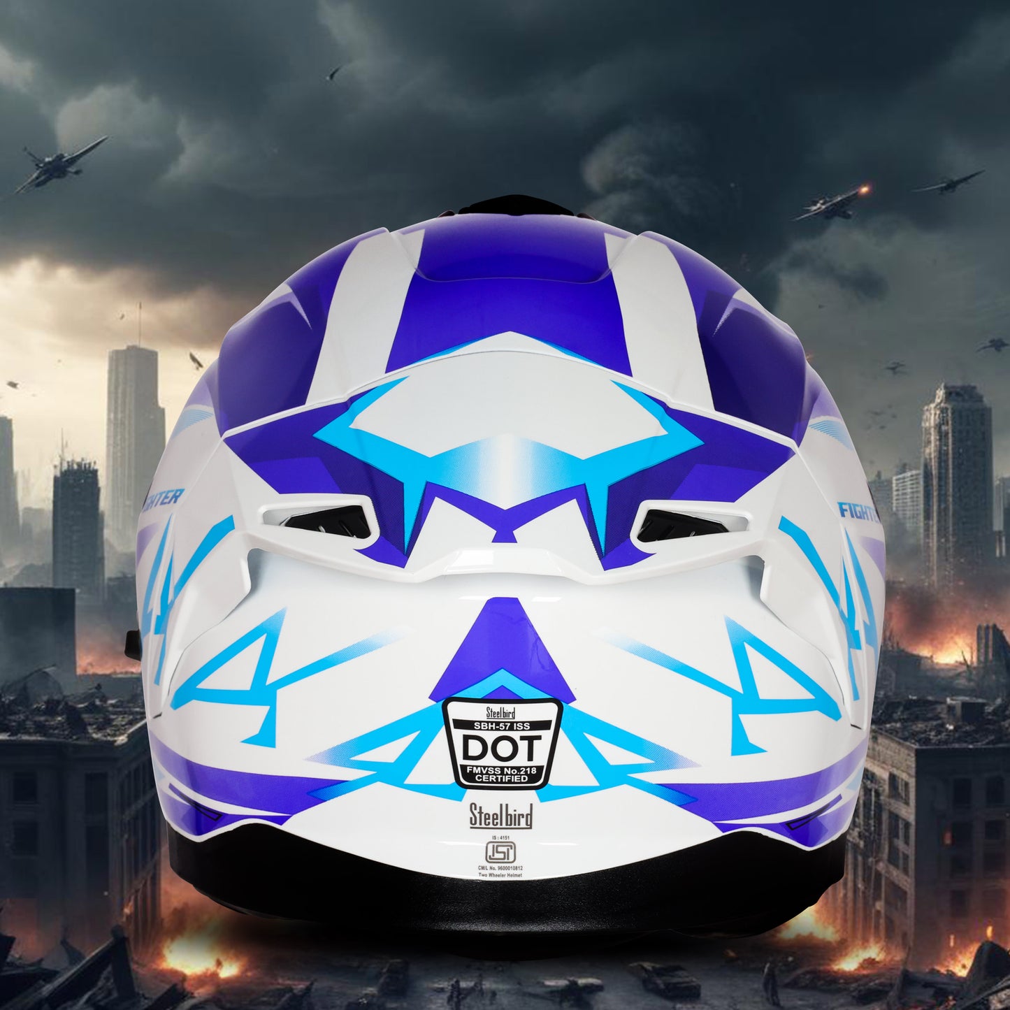 Steelbird SBH-57 Fighter F4 ISI and DOT Certified Full Face Helmet for Men and Women with Inner Silver Sun Shield (Glossy White Sky Blue)