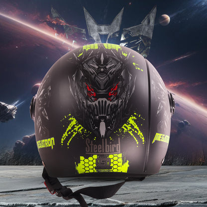 Steelbird SBH-16 Megatron ISI Certified Open Face Graphic Helmet for Men and Women (Glossy Black Neon with Smoke Visor)