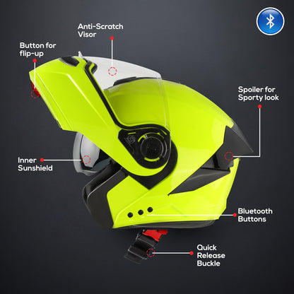 Steelbird Bluetooth Flip Up ISI Certified Helmet for Men and Women with Inner Smoke Sun Shield | SBA-8 7Wings (Glossy Fluo Neon)
