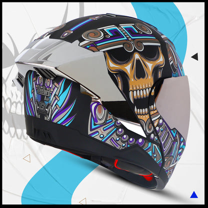 Steelbird SBA-8 Hunt ISI Certified Flip-Up Graphic Helmet for Men and Women with Inner Smoke Sun Shield (Glossy Black Jazz Blue with Silver Spoiler and Chrome Silver Visor)