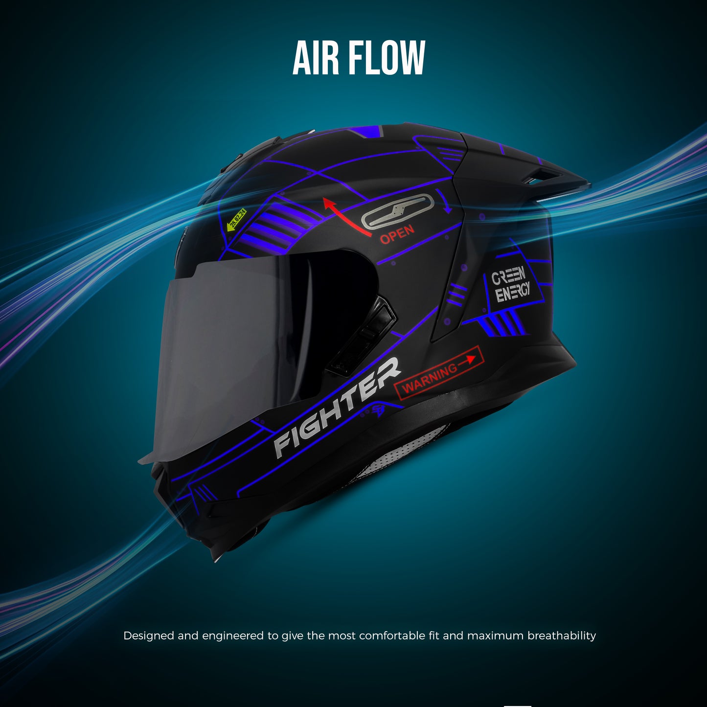 Steelbird SBH-57 Fighter F6 ISI and DOT Certified Full Face Graphic Helmet for Men and Women with Inner Silver Sun Shield (Glossy Black Blue)