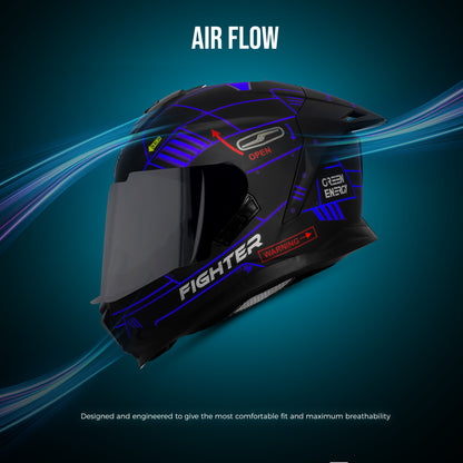 Steelbird SBH-57 Fighter F6 ISI and DOT Certified Full Face Graphic Helmet for Men and Women with Inner Silver Sun Shield (Glossy Black Blue)