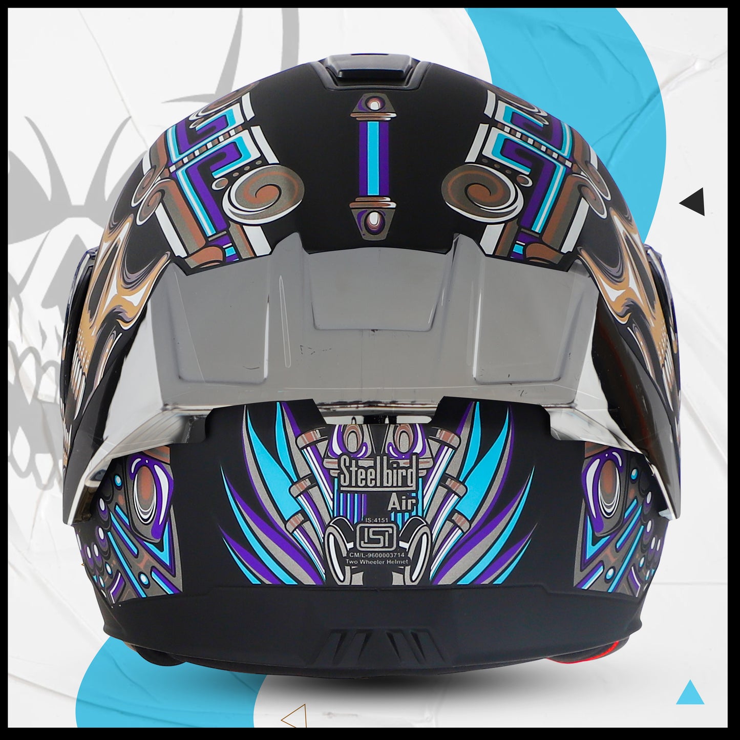 Steelbird SBA-8 Hunt ISI Certified Flip-Up Graphic Helmet for Men and Women with Inner Smoke Sun Shield (Glossy Black Jazz Blue with Silver Spoiler and Chrome Silver Visor)