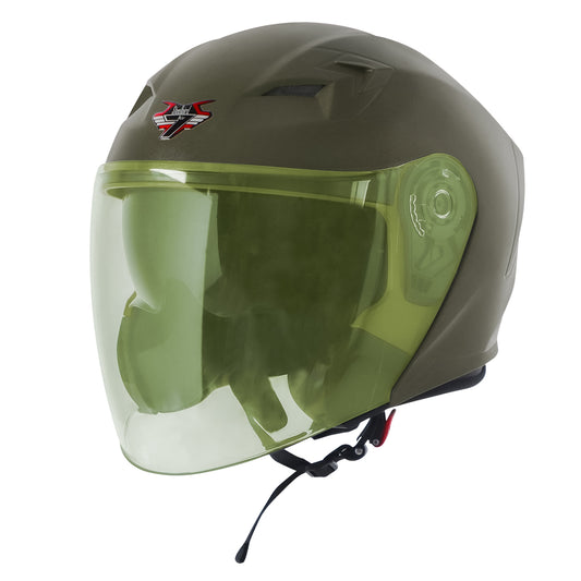 Steelbird SBA-17 7Wings ISI Certified Open Face Helmet for Men and Women with Inner Smoke Sun Shield (Dashing Battle Green with Tinted Yellow Visor)