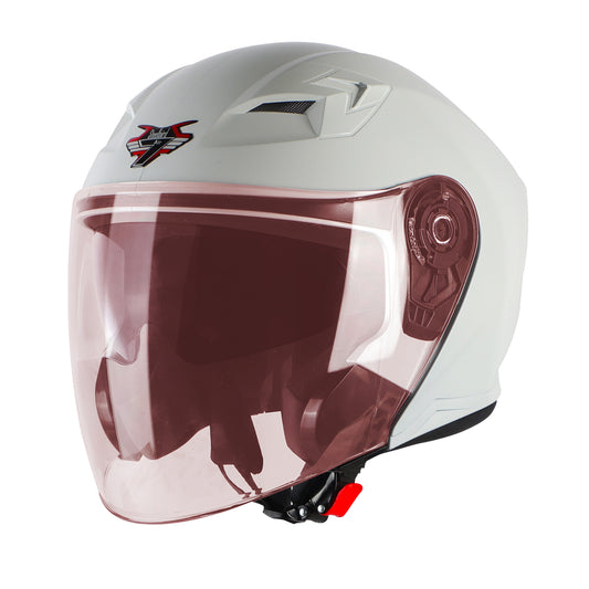 Steelbird SBA-17 7Wings ISI Certified Open Face Helmet for Men and Women with Inner Smoke Sun Shield (Dashing White with Tinted Red Visor)