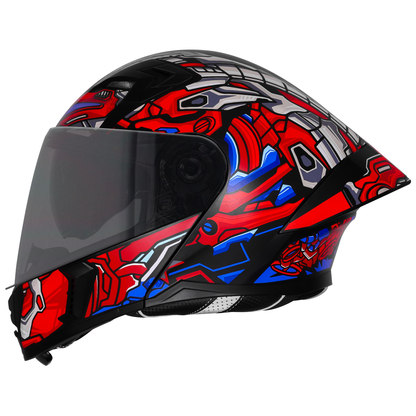 Steelbird SBA-20 ROBO ISI Certified Flip-Up Graphic Helmet for Men with Inner Sun Shield (Glossy Black Red with Smoke Visor)