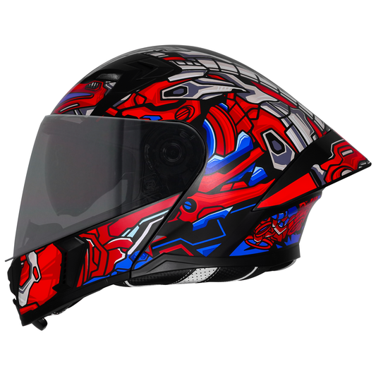 Steelbird SBA-20 ROBO ISI Certified Flip-Up Graphic Helmet for Men with Inner Sun Shield (Glossy Black Red with Smoke Visor)