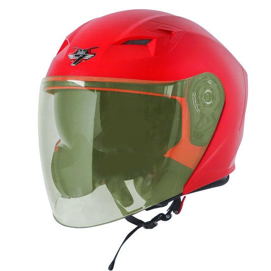 Steelbird SBA-17 7Wings ISI Certified Open Face Helmet for Men and Women with Inner Smoke Sun Shield (Dashing Red with Tinted Yellow Visor)