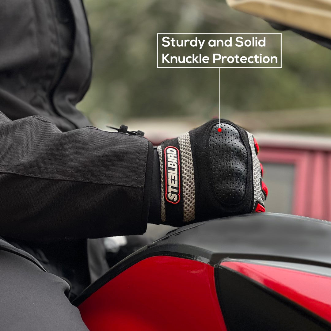 Refurbished Steelbird Adventure A-1 Full Finger Riding Gloves with Touch Screen Sensitivity at Thumb and Index Finger, Protective Off-Road Motorbike Racing (Red)