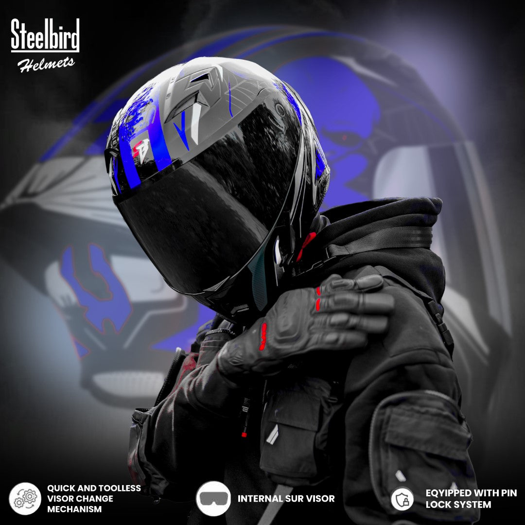 Steelbird SBA-20 Strange ISI Certified Flip-Up Graphic Helmet for Men and Women (Glossy Black Blue)