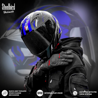 Steelbird SBA-20 Strange ISI Certified Flip-Up Graphic Helmet for Men and Women (Glossy Black Blue)