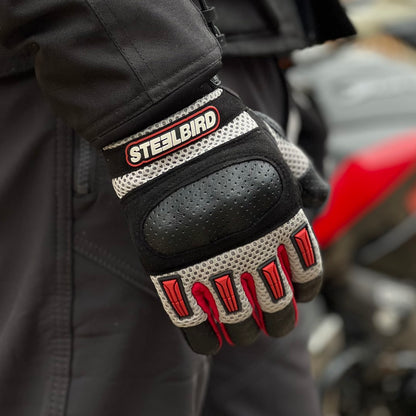 Refurbished Steelbird Adventure A-1 Full Finger Riding Gloves with Touch Screen Sensitivity at Thumb and Index Finger, Protective Off-Road Motorbike Racing (Red)
