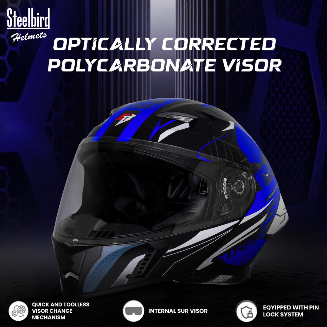 Steelbird SBA-20 Strange ISI Certified Flip-Up Graphic Helmet for Men and Women (Glossy Black Blue)