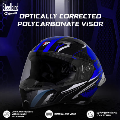 Steelbird SBA-20 Strange ISI Certified Flip-Up Graphic Helmet for Men and Women (Glossy Black Blue)