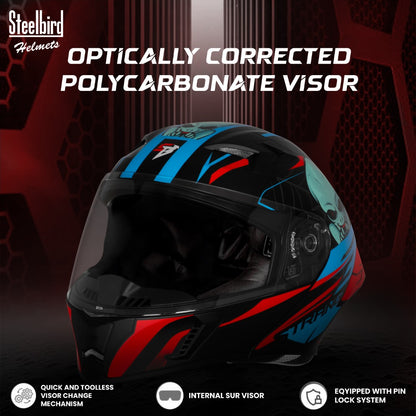 Steelbird SBA-20 Strange ISI Certified Flip-Up Graphic Helmet for Men and Women (Glossy Black Cyan Green)
