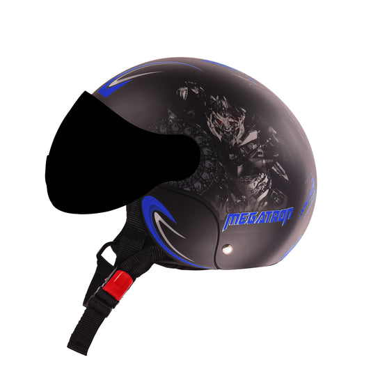 Steelbird SBH-16 Megatron ISI Certified Open Face Graphic Helmet for Men and Women (Glossy Black Dark Blue with Smoke Visor)
