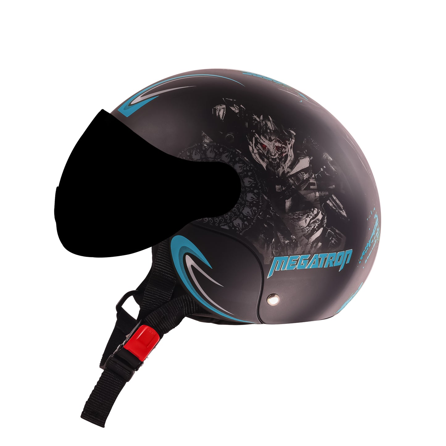 Steelbird SBH-16 Megatron ISI Certified Open Face Graphic Helmet for Men and Women (Glossy Black Light Blue with Smoke Visor)