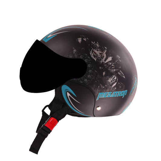 Steelbird SBH-16 Megatron ISI Certified Open Face Graphic Helmet for Men and Women (Glossy Black Light Blue with Smoke Visor)