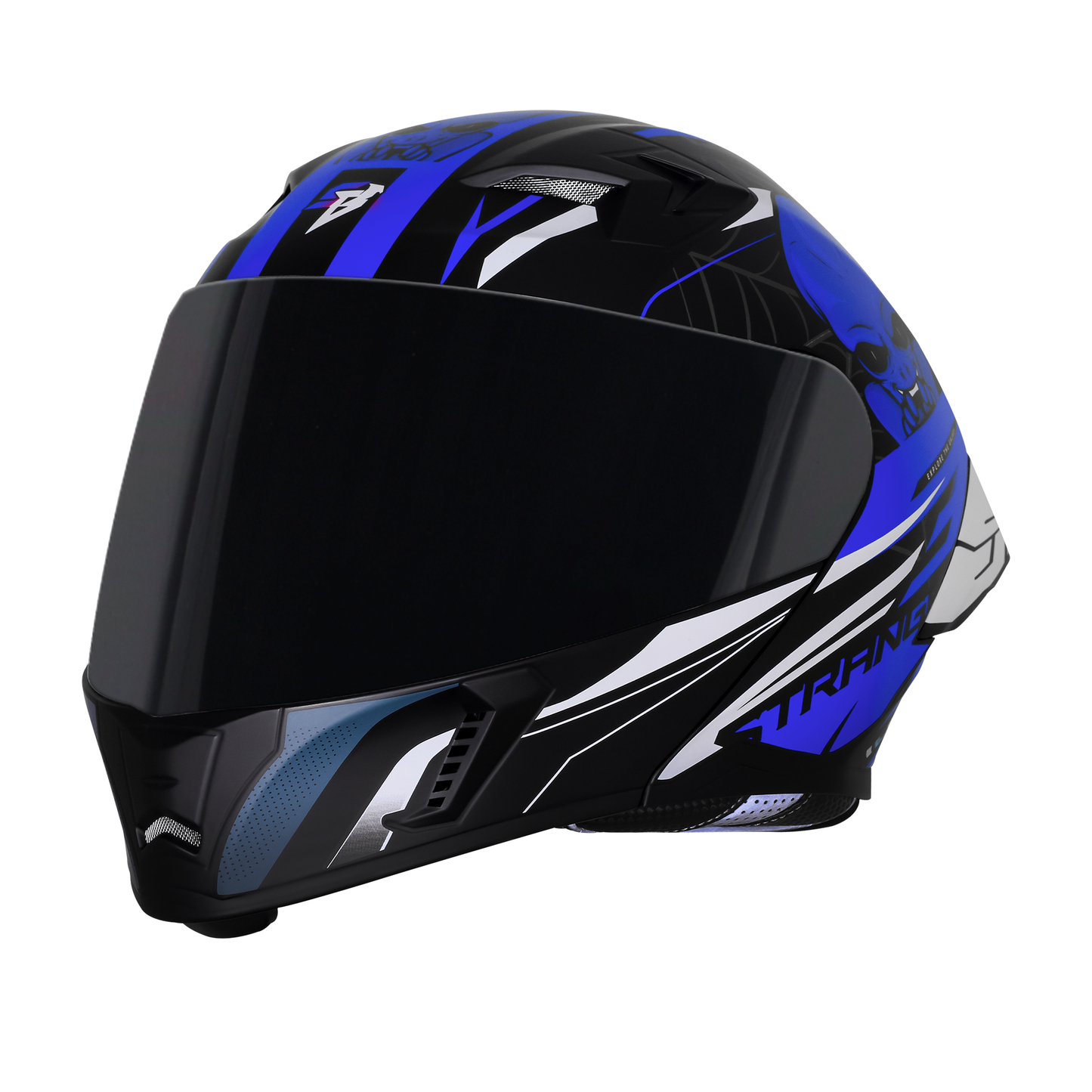 Steelbird SBA-20 Strange ISI Certified Flip-Up Graphic Helmet for Men and Women with Inner Silver Sun Shield (Glossy Black Blue with Smoke Visor)