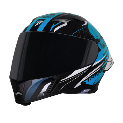 Steelbird SBA-20 Strange ISI Certified Flip-Up Graphic Helmet for Men and Women (Glossy Black Jazz Blue with Smoke Visor)