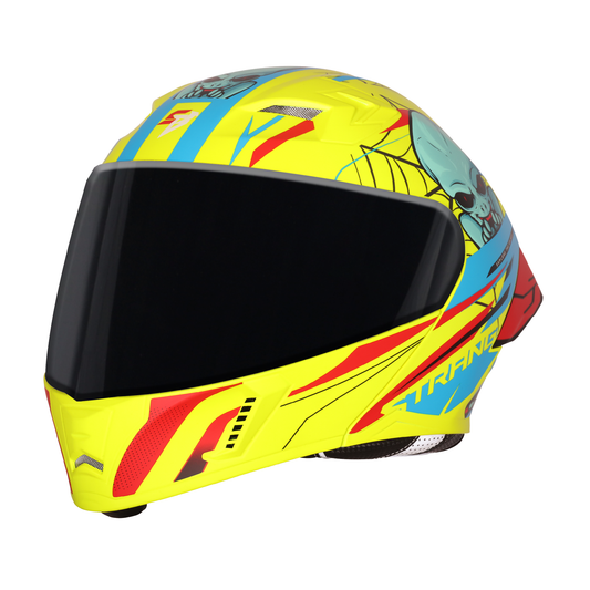 Steelbird SBA-20 Strange ISI Certified Flip-Up Graphic Helmet for Men and Women with Inner Silver Sun Shield (Glossy Fluo Neon Cyan Green with Smoke Visor)