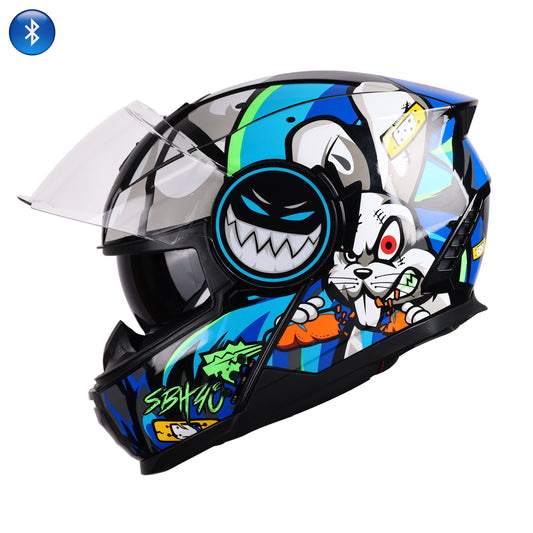 Steelbird Crazy Doe Bluetooth Full Face ISI Certified Graphic Helmet for Men with Inner Smoke Sun Shield | SBH-40 7Wings (Glossy Black Blue)