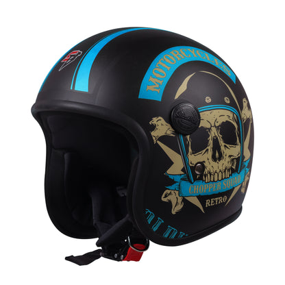 Steelbird SBH-55 Chopper Squad ISI Certified Open Face Helmet for Men and Women (Glossy Black Blue)