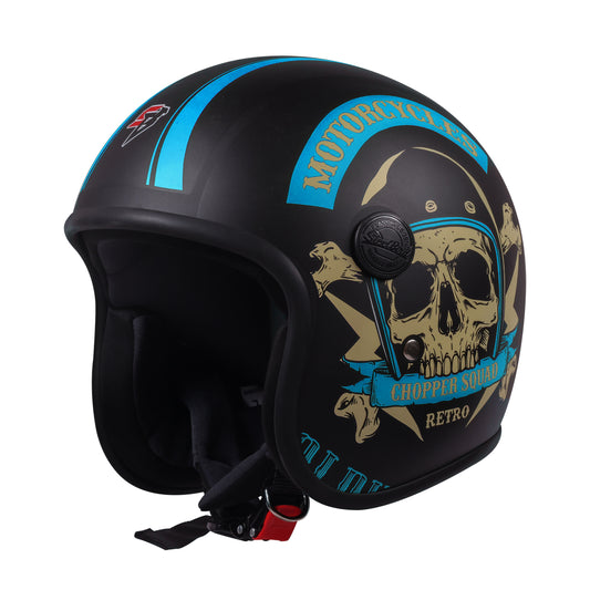 Steelbird SBH-55 Chopper Squad ISI Certified Open Face Helmet for Men and Women (Glossy Black Blue)