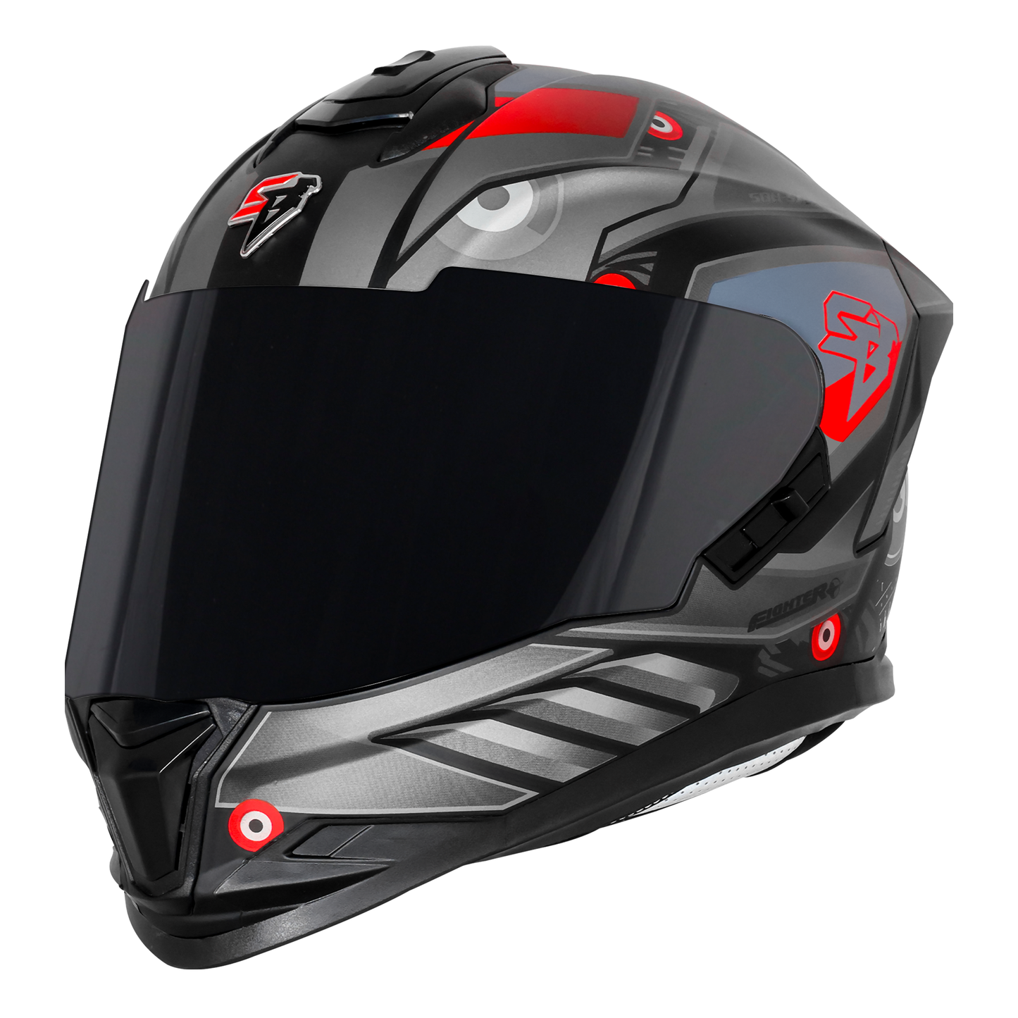 Steelbird SBH-57 Fighter F8 ISI and DOT Certified Full Face Graphic Helmet for Men and Women with Inner Silver Sun Shield (Glossy Black Grey)