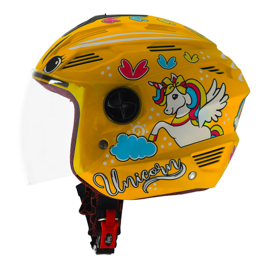 Steelbird SBA-6 Unicorn ISI Certified Open Face Graphic Helmet for Women and Kids (Matt Yellow with Clear Visor)