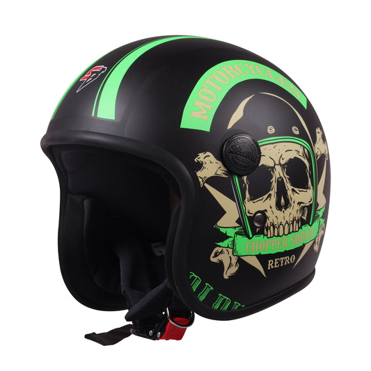 Steelbird SBH-55 Chopper Squad ISI Certified Open Face Helmet for Men and Women (Glossy Black Green)
