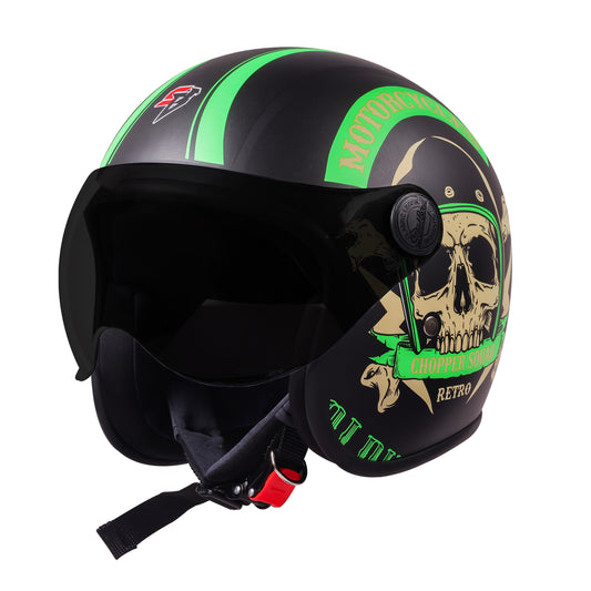 Steelbird SBH-54 Chopper Squad ISI Certified Open Face Helmet for Men and Women (Glossy Black Green)