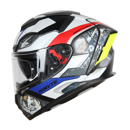 Ignyte IGN-4 Machine ISI/DOT Certified Full Face Graphic Helmet with Outer Anti-Fog Clear Visor and Inner Smoke Sun Shield (Matt White Blue)
