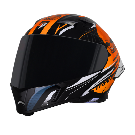 Steelbird SBA-20 Strange ISI Certified Flip-Up Graphic Helmet for Men and Women with Inner Silver Sun Shield (Glossy Black Orange with Smoke Visor)
