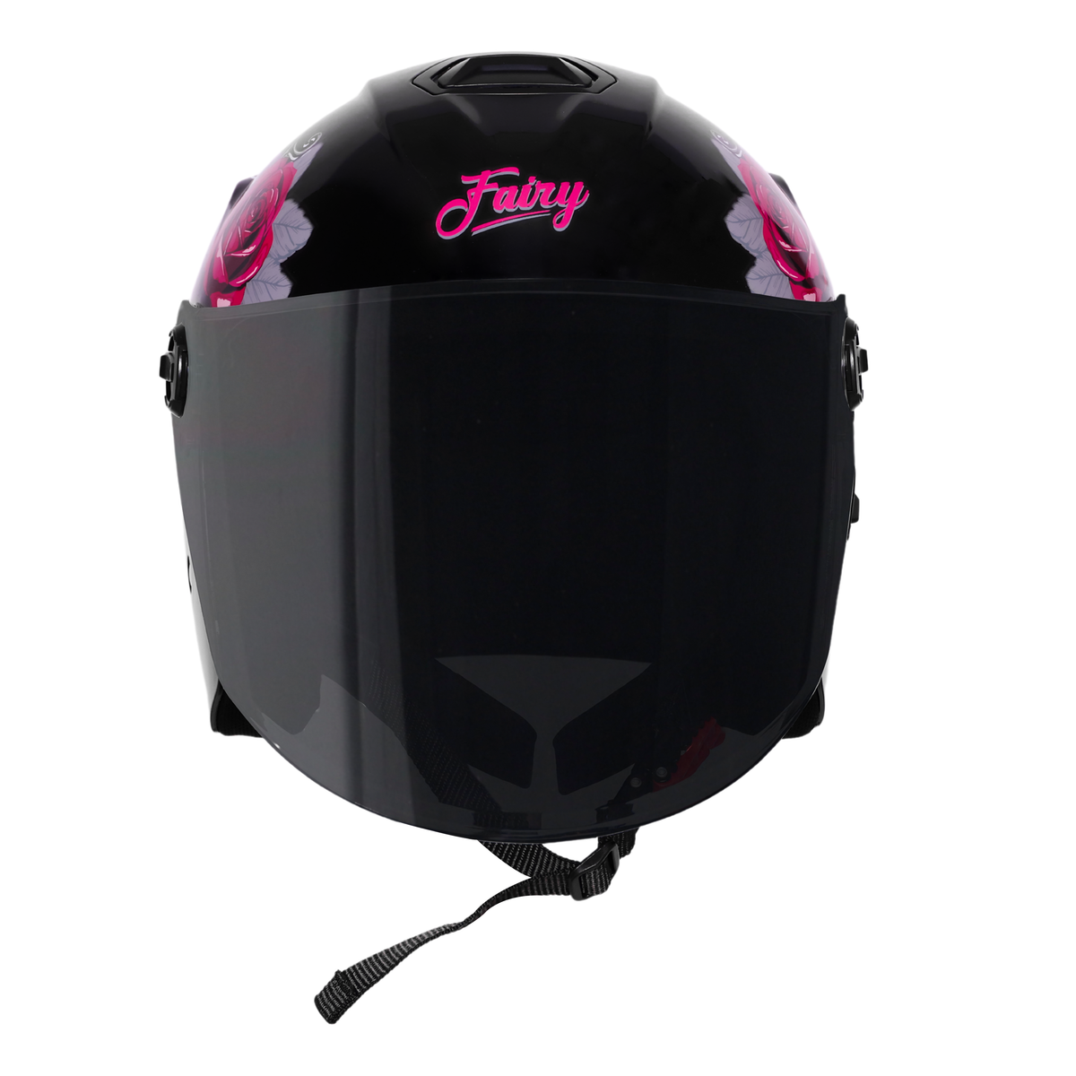 Steelbird SBH-80 Fairy FR1 ISI Certified Open Face Graphic Helmet for Women (Glossy Black Pink Rose with Smoke Visor)