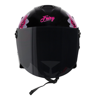 Steelbird SBH-80 Fairy FR1 ISI Certified Open Face Graphic Helmet for Women (Glossy Black Pink Rose with Smoke Visor)