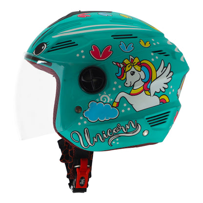 Steelbird SBA-6 Unicorn ISI Certified Open Face Graphic Helmet for Women and Kids (Matt Blue with Clear Visor)