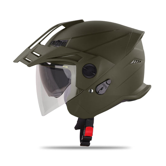 Steelbird SBH-23 GT Plus Open Face ISI Certified Helmet for Men and Women with Inner Sun Shield (Dashing Battle Green)