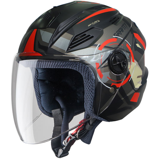 Steelbird SBA-6 7Wings Gravity ISI Certified Open Face Graphic Helmet for Men and Women (Matt Black Red with Clear Visor)