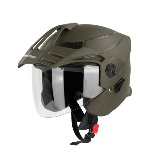Steelbird SBH-23 Hunter ISI Certified Open Face Helmet for Men and Women (Dashing Battle Green with Clear Visor)