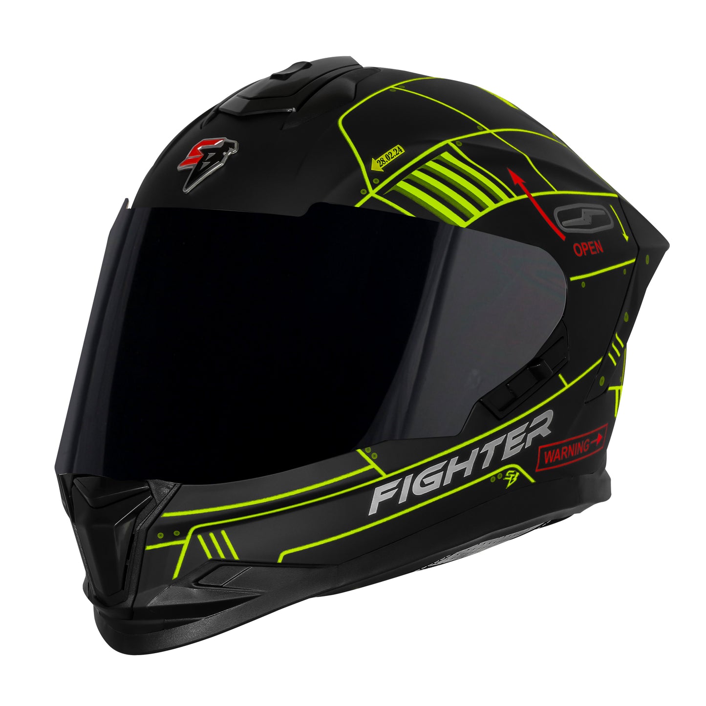 Steelbird SBH-57 Fighter F6 ISI and DOT Certified Full Face Graphic Helmet for Men and Women with Inner Silver Sun Shield (Glossy Black Neon)