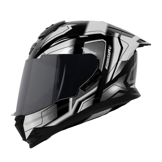 Steelbird SBH-57 Fighter F3 ISI and DOT Certified Full Face Helmet for Men and Women with Inner Silver Sun Shield (Glossy Black White)