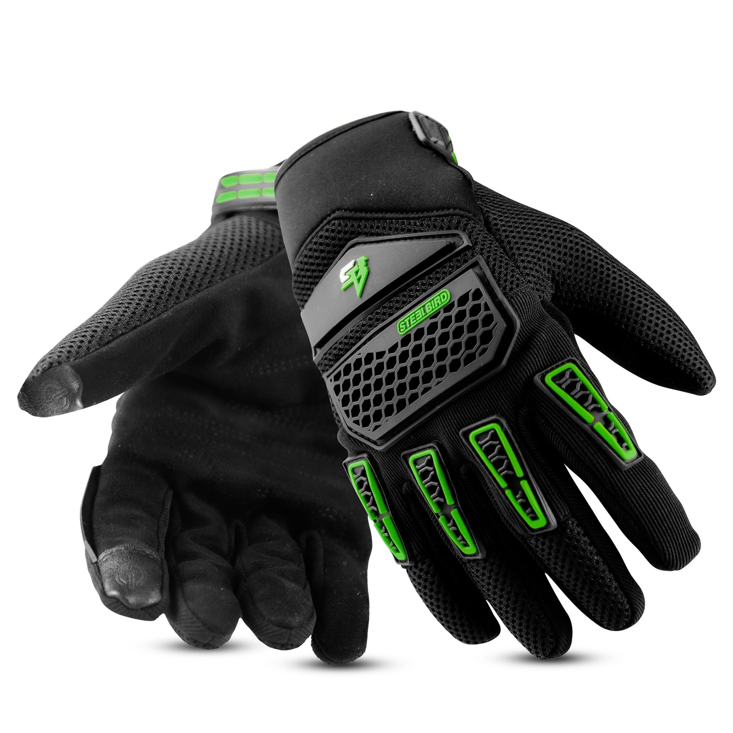 Steelbird Adventure A-2 Full Finger Bike Riding Gloves with Touch Screen Sensitivity at Thumb and Index Finger, Protective Off-Road Motorbike Racing (Green)