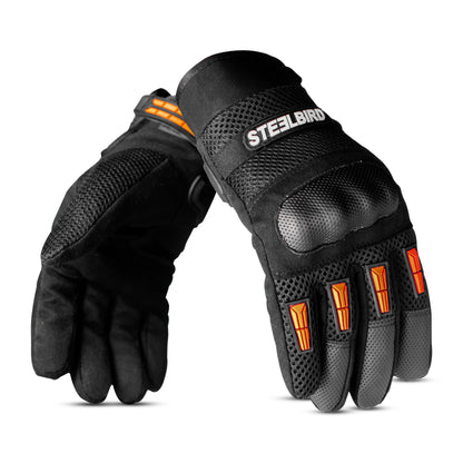 Steelbird Khardungla Full Finger Bike Riding Gloves with Touch Screen Sensitivity at Thumb and Index Finger, Protective Off-Road Motorbike Racing (Orange)