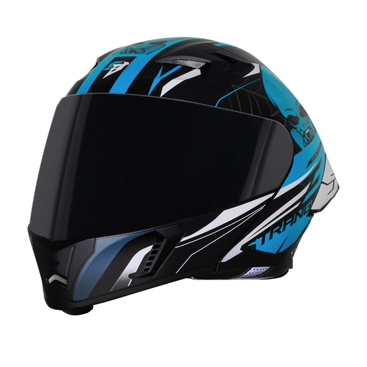 Steelbird SBA-20 Strange ISI Certified Flip-Up Graphic Helmet for Men and Women with Inner Silver Sun Shield (Glossy Black Jazz Blue with Smoke Visor)
