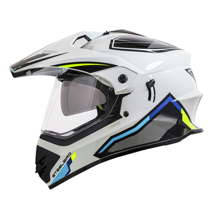 Steelbird Racer Off Road ISI Certified Motocross Double Visor Full Face Graphic Helmet Outer Clear Visor and Inner Silver Sun Shield (Glossy White Neon)